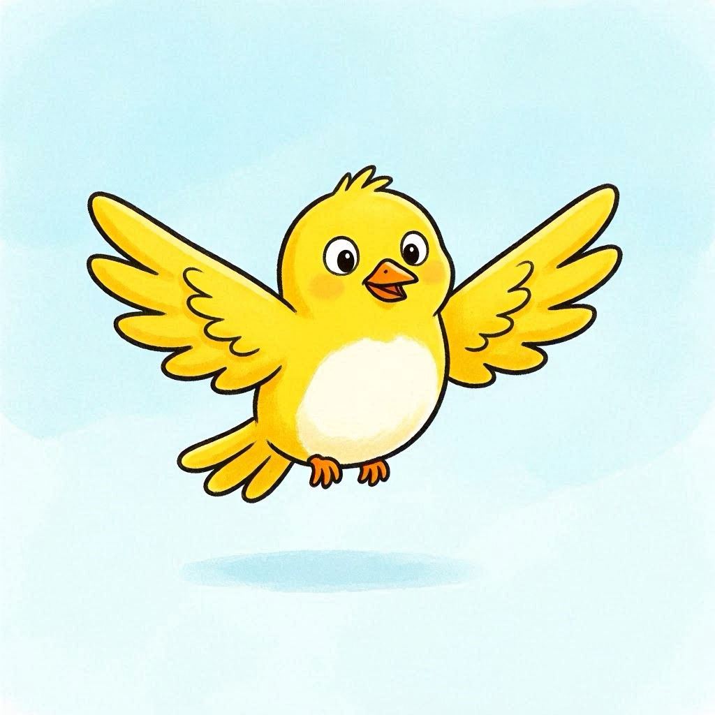 A bright yellow cartoon bird soaring through the air with wings fully spread, white belly gleaming, set against a minimalist sky-blue gradient background, playful children’s book illustration style, crisp linework, flat colors.