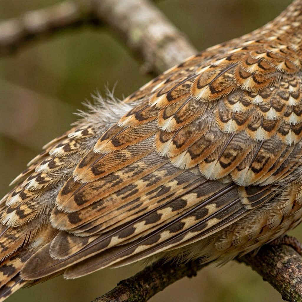 An extreme close-up macro photograph of a partridge’s wing feathers, showing intricate brown, white, and gray patterns with fine texture, illuminated by soft side lighting, 100mm macro lens, ultra-shallow depth of field for artistic blur.